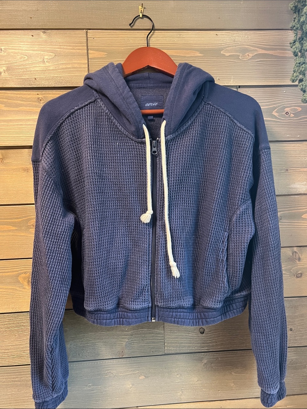 aerie Navy Waffle Knit Zip Crop Hoodie